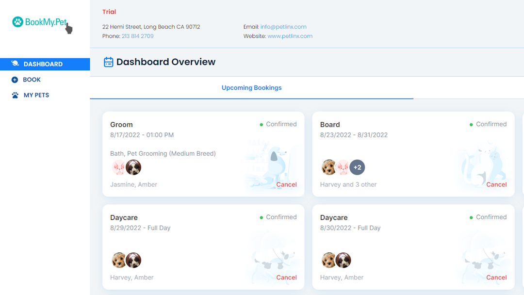 BookMy.Pet online portal dashboard showing bookings