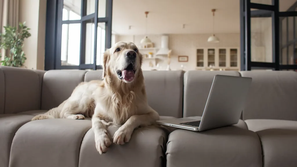 PetLinx software - dog sitting on a couch beside a laptop